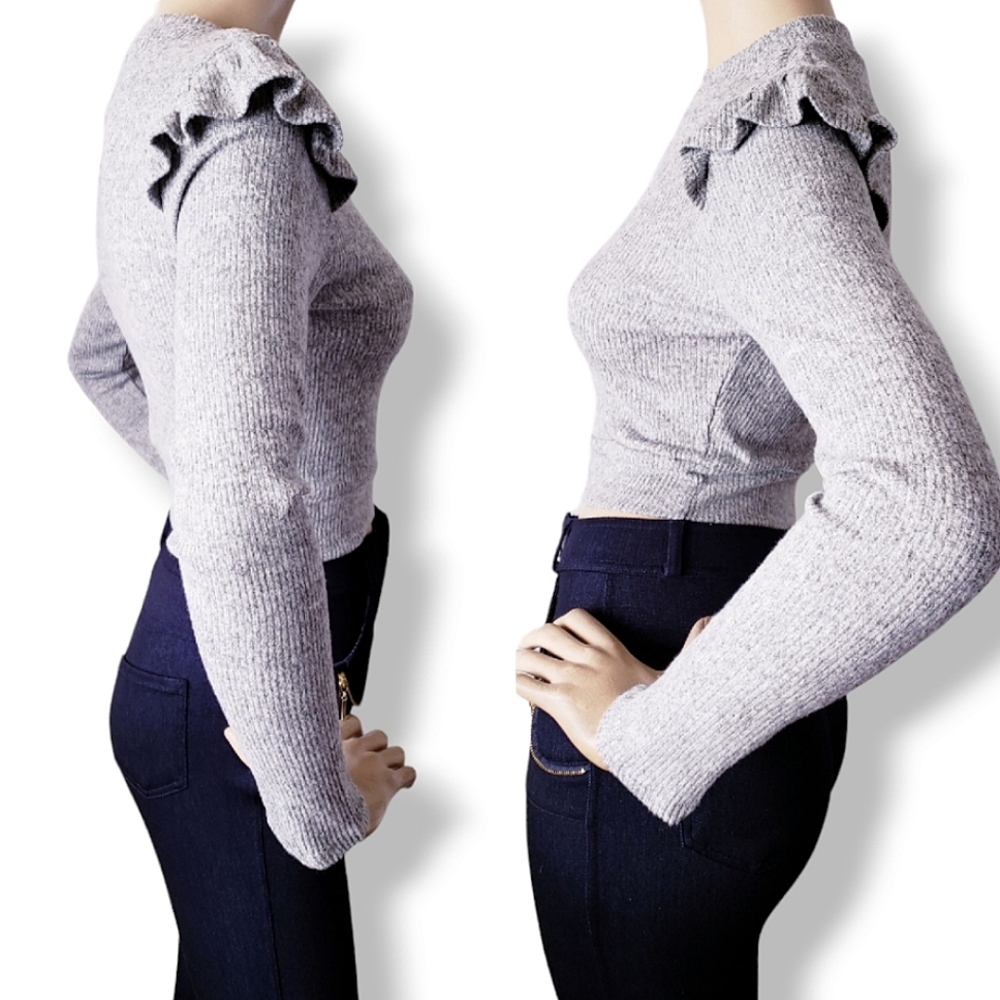 Heart & Hips Gray Ribbed Ruffled Shoulder Cropped Sweater Top - Picture 4 of 8
